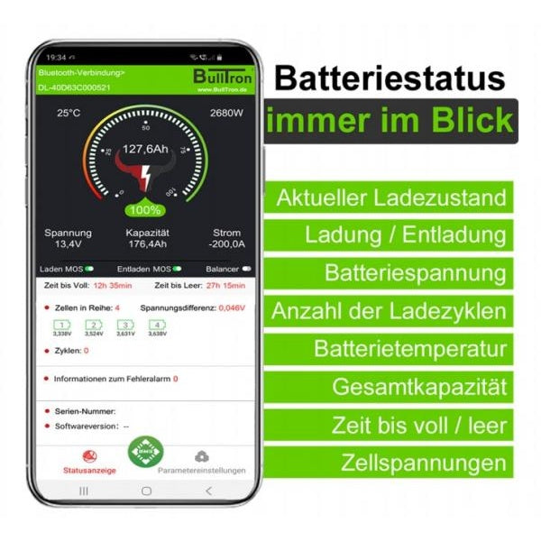 BullTron 100Ah inkl. Smart BMS mit 150A Dauerstrom & Bluetooth App